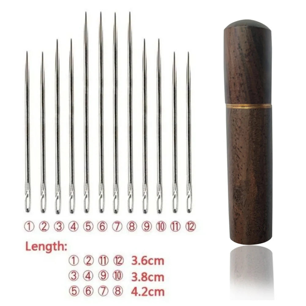 A set of twelve self-threading sewing needles with varying lengths stored in a wooden cylindrical case.
