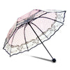 A retro transparent arch umbrella with a pink and white floral lace design.