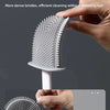 A hand holds a white toilet brush with a silicone bristles head, demonstrating its dense bristles and durable design.