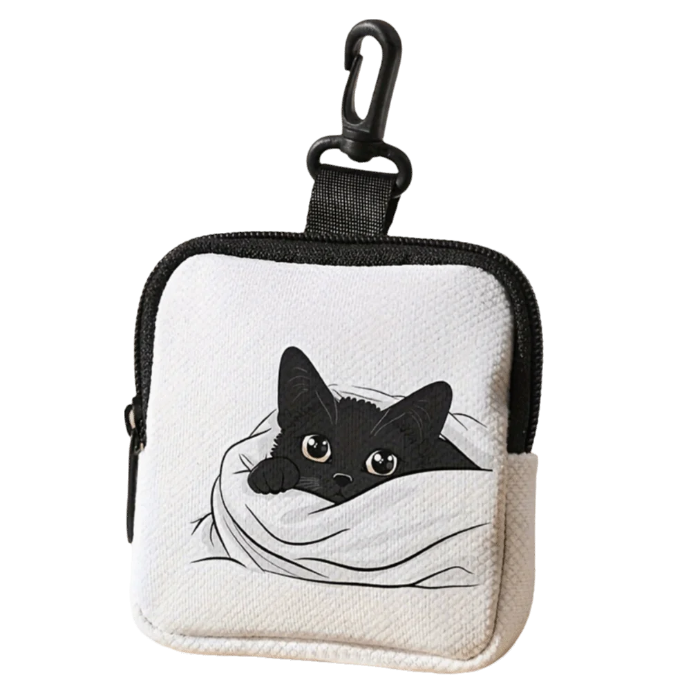 A small black pouch featuring a line art illustration of a cat's face peeking out from white fabric.