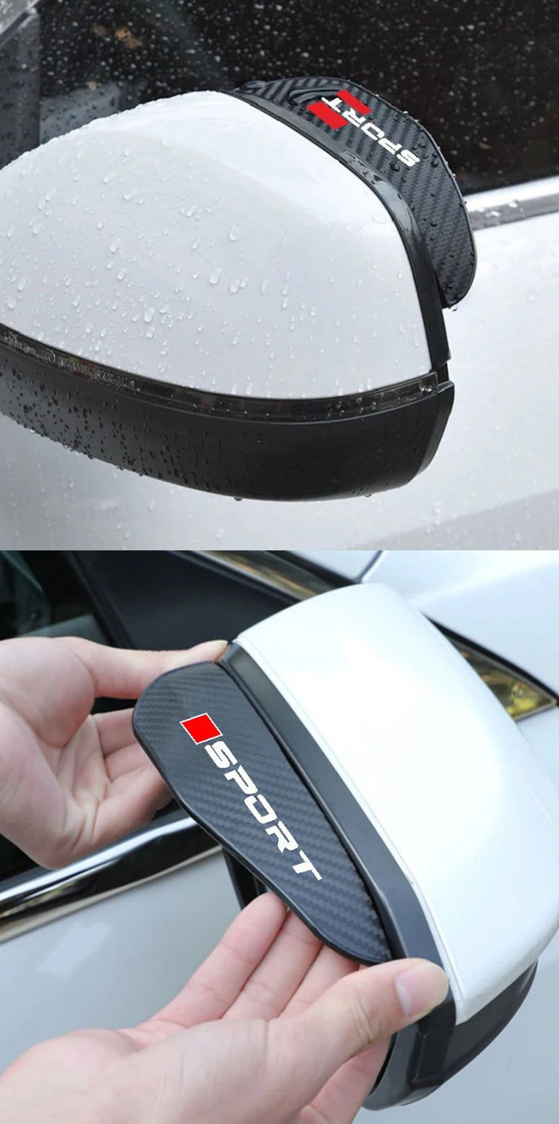 A close-up of a black and white universal carbon fiber rain cover for a car side mirror.