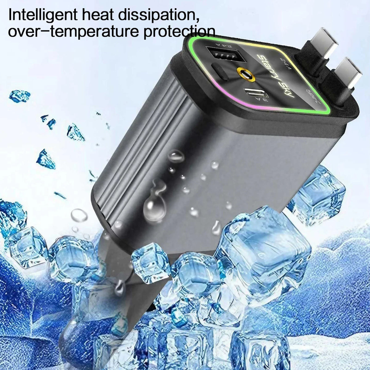 Un cargador de coche negro compacto con indicador de voltaje rodeado de cubitos de hielo y gotas de agua.