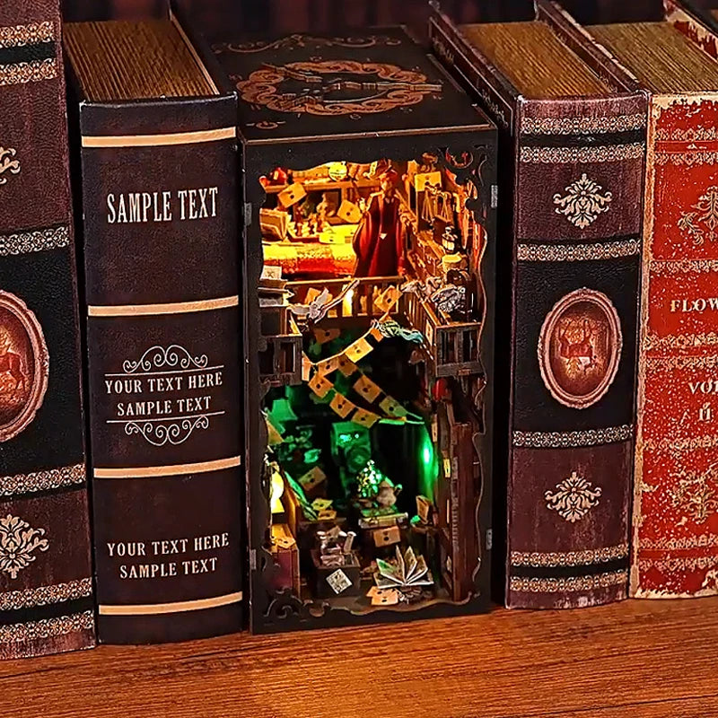 A set of DIY book nook kits featuring wooden puzzle books and decorative inserts for a bookshelf display.