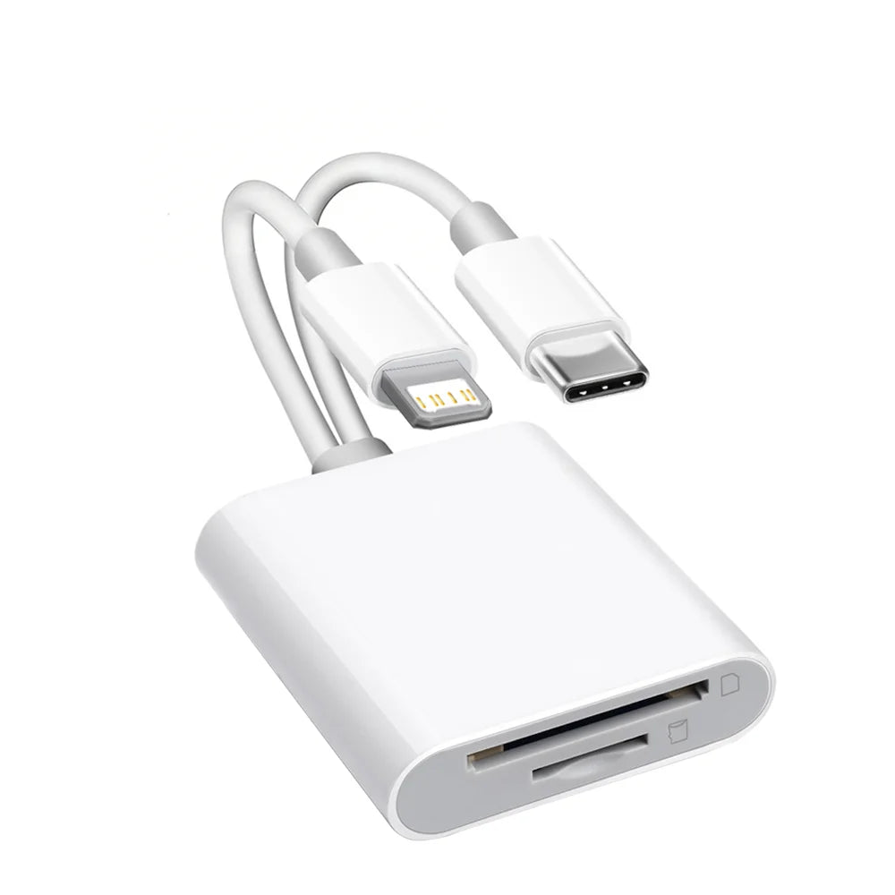 Lecteur de carte SD et microSD blanc à double interface avec câble flexible.