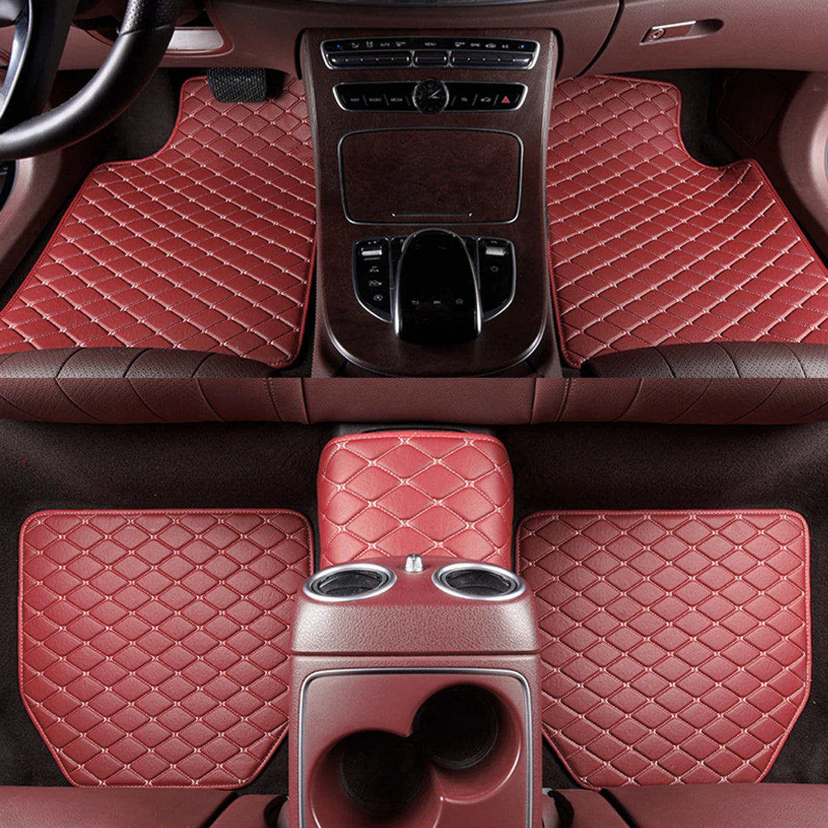 Interior view of a car with red quilted leather floor mats and a center console.