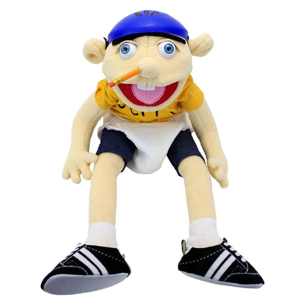 A plush toy of Jeffy featuring blue hair, yellow shirt, and black shoes.