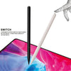 A black stylus pen is shown next to a white stylus, highlighting the chrome-plated switch matching black body of the precisio