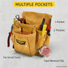 A tan durable electrician tool pouch with multiple pockets for small tools and a tape measure clip.