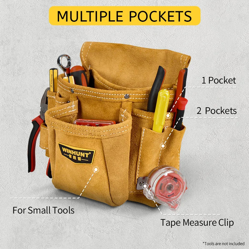 A tan durable electrician tool pouch with multiple pockets for small tools and a tape measure clip.