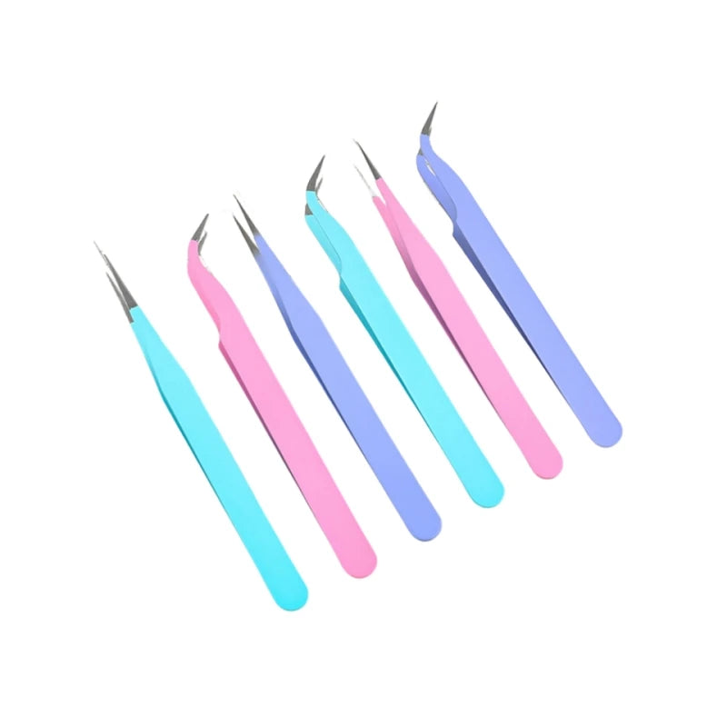 A set of precision craft tweezers with straight and curved tips in various shades of purple and pink.