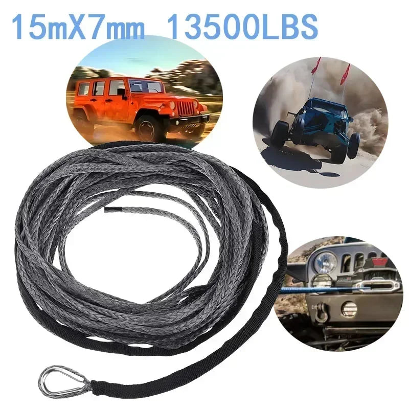 A spool of black synthetic winch rope with a protective sheath is shown alongside images of an orange off-road vehicle and a 