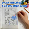 A hand is shown practicing various embroidery stitches on a page titled Undo mistakes & re-practice easily.