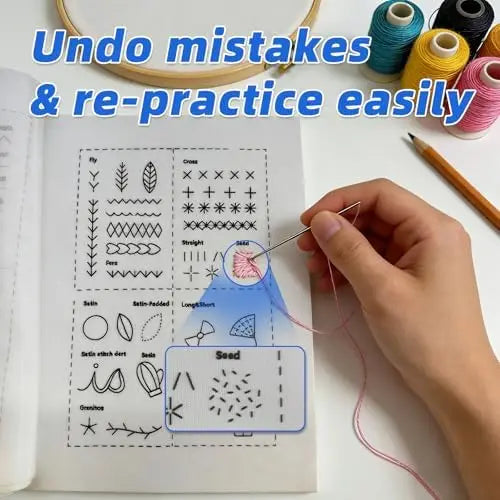 A hand is shown practicing various embroidery stitches on a page titled Undo mistakes & re-practice easily.