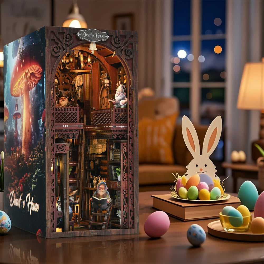 A wooden box featuring an enchanted owl bookstore diorama with intricate details and LED lighting.