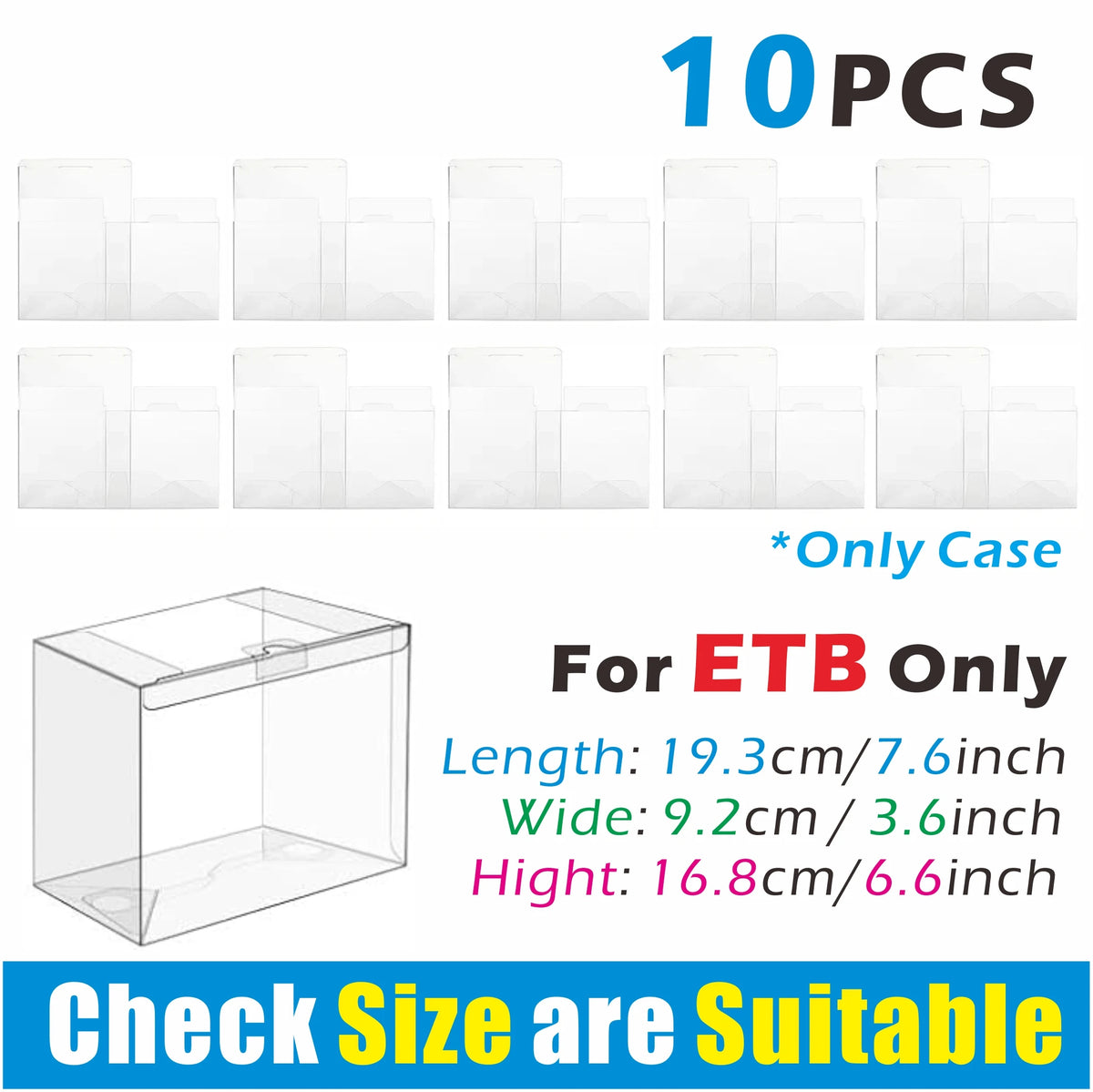 Ten clear PET protective cases for ETB boxes with dimensions 19.3cm x 9.2cm x 16.8cm