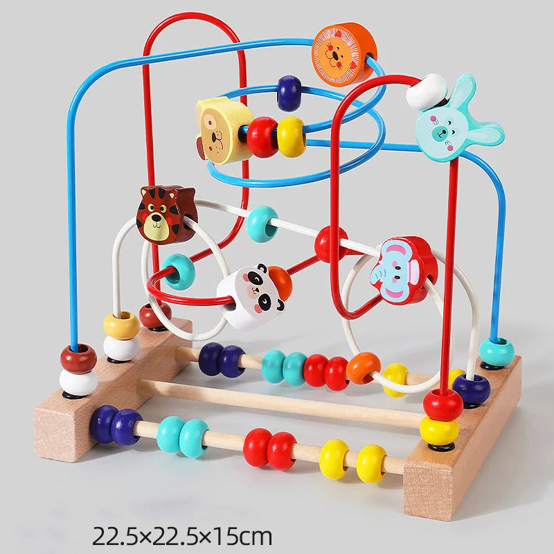 A wooden bead maze toy for toddlers featuring colorful beads on a red and blue frame.