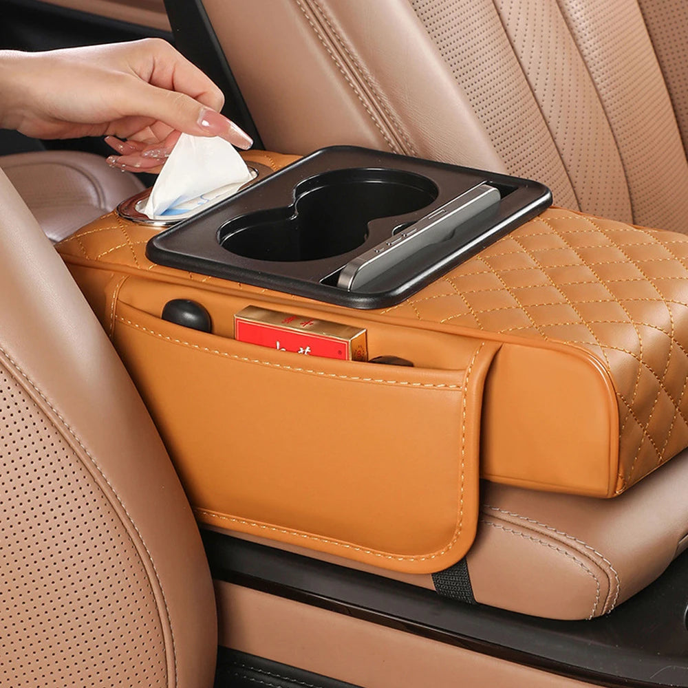 Multifunctional Car Armrest Cushion with Storage and Cup Holder