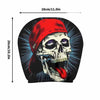 A red cartoon skull and crossbones headrest cover featuring a skull wearing a red cap.