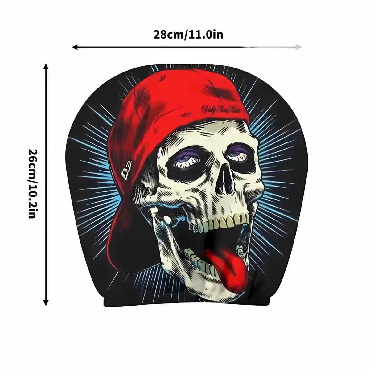 A red cartoon skull and crossbones headrest cover featuring a skull wearing a red cap.
