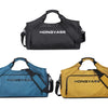 Three duffel bags in black, blue, and yellow featuring the HONGYASE brand name.