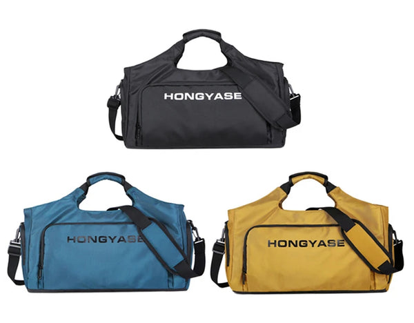 Three duffel bags in black, blue, and yellow featuring the HONGYASE brand name.