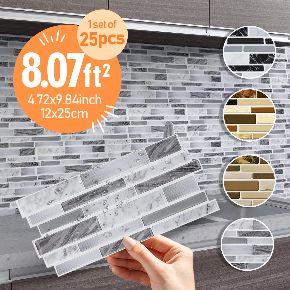 A hand holds a rectangular tile made of marble texture PVC tiles against a gray subway tile background.