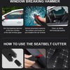 Instructions for using an emergency car safety hammer and a seatbelt cutter to break windows and cut seatbelts
