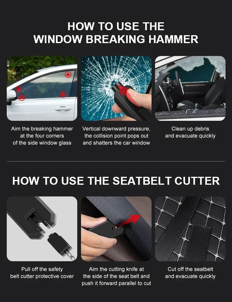 Instructions for using an emergency car safety hammer and a seatbelt cutter to break windows and cut seatbelts