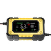 A yellow and black Foxsur smart battery charger with a digital display and power cord.