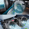 A close-up of a dual-head adjustable USB car fan with a black grille and blue blades, shown in use.