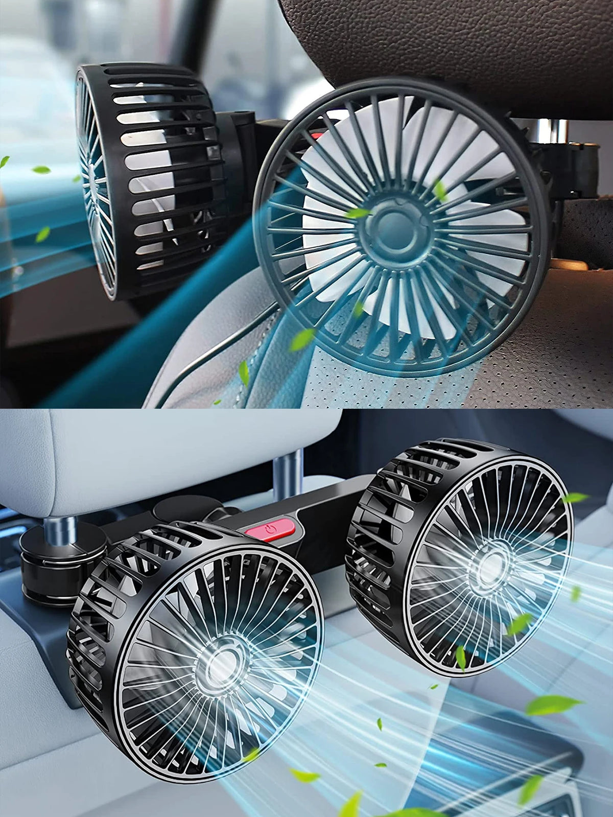 A close-up of a dual-head adjustable USB car fan with a black grille and blue blades, shown in use.
