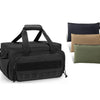 A black heavy-duty tool bag with a padded handle and multiple storage pockets shown alongside three colored fabric pouches.
