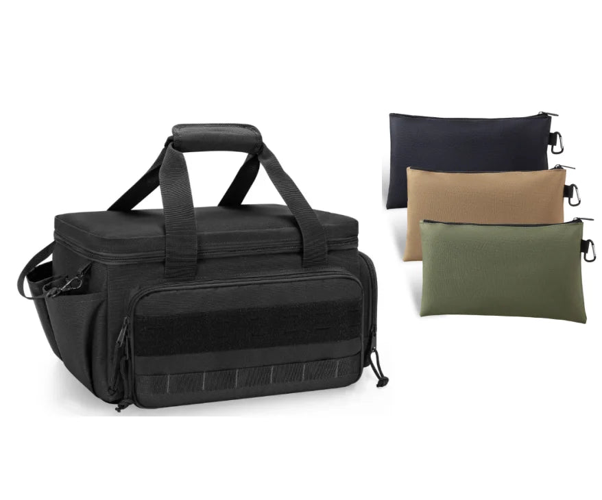 A black heavy-duty tool bag with a padded handle and multiple storage pockets shown alongside three colored fabric pouches.