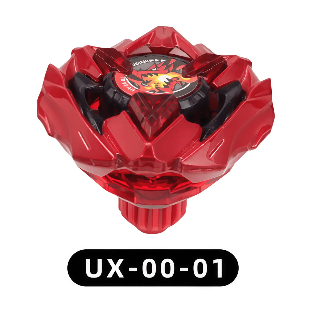 A red metal spinning top battle toy with a launcher mechanism.