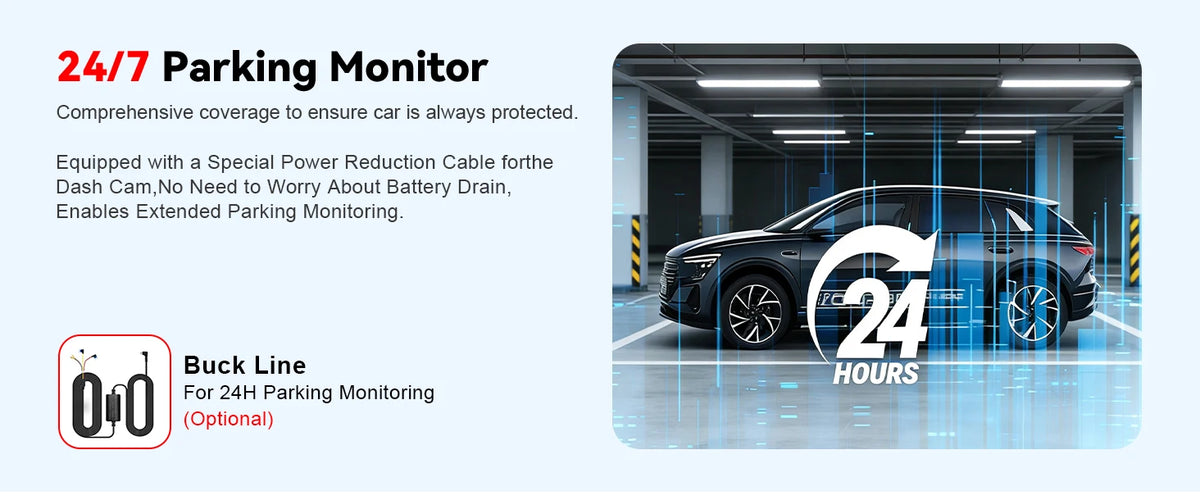 A dark car is shown in a garage setting with a digital overlay indicating 24 hours of parking monitoring.