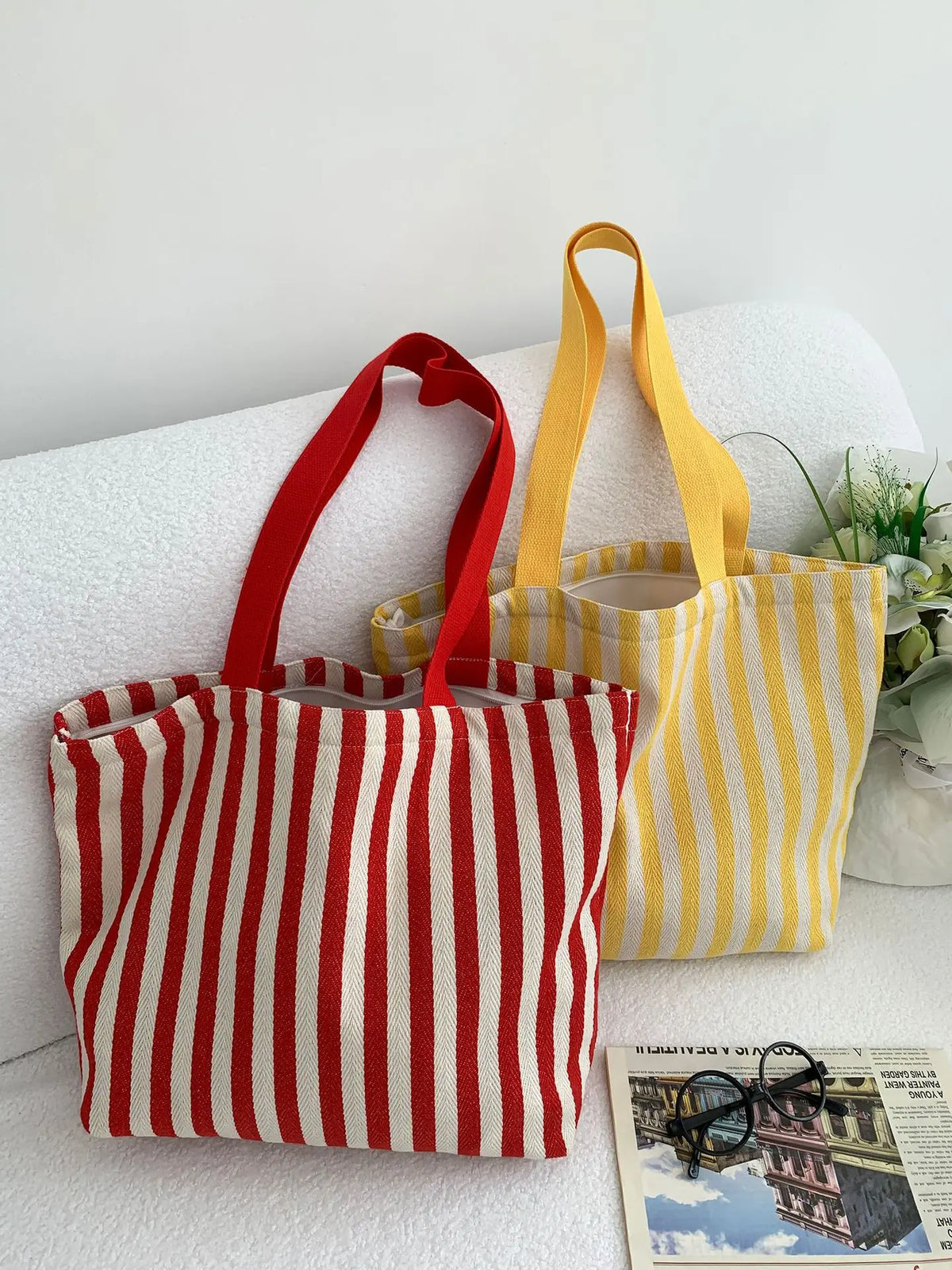 Striped Canvas Shoulder Tote Bag