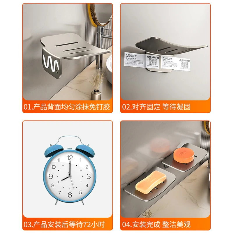 A set of aluminum wall-mounted soap dishes shown in various stages: installation, waiting for drying, and finished product.