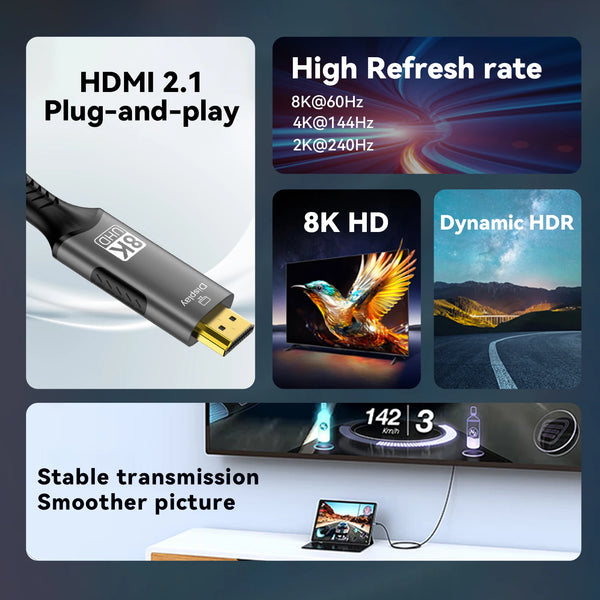 Schwarzes USB-C zu HDMI 2.1 Kabel neben einem Monitor, der hohe Bildwiederholfrequenz und HDR-Inhalte anzeigt.