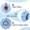 Three views of a blue and white microfiber mop head with a red handle, highlighting higher quality, 100% microfiber material,