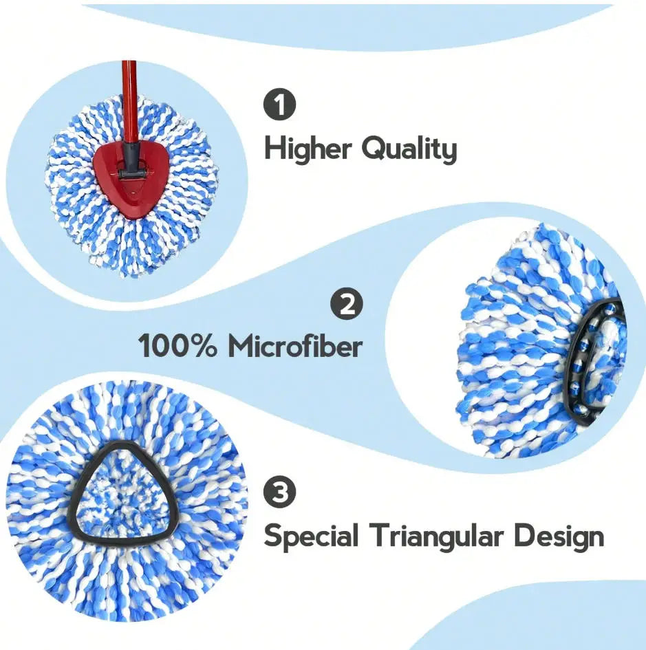Three views of a blue and white microfiber mop head with a red handle, highlighting higher quality, 100% microfiber material,
