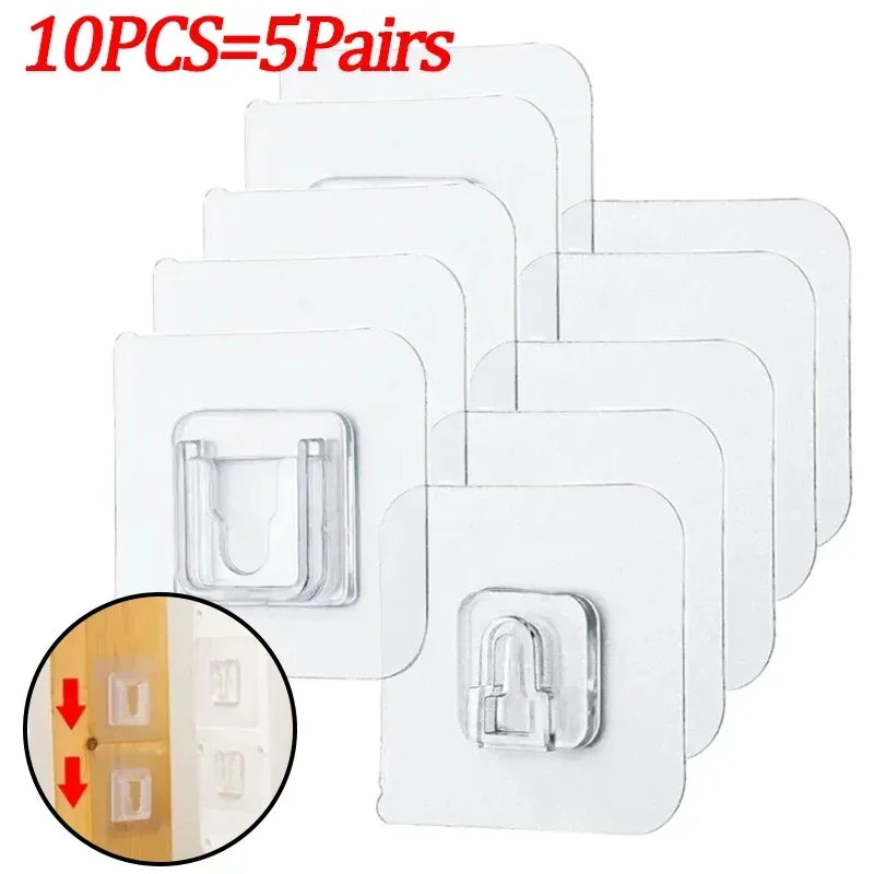 Ten pairs of transparent adhesive wall hooks in white and clear plastic are shown, with a close-up view of the hook design.