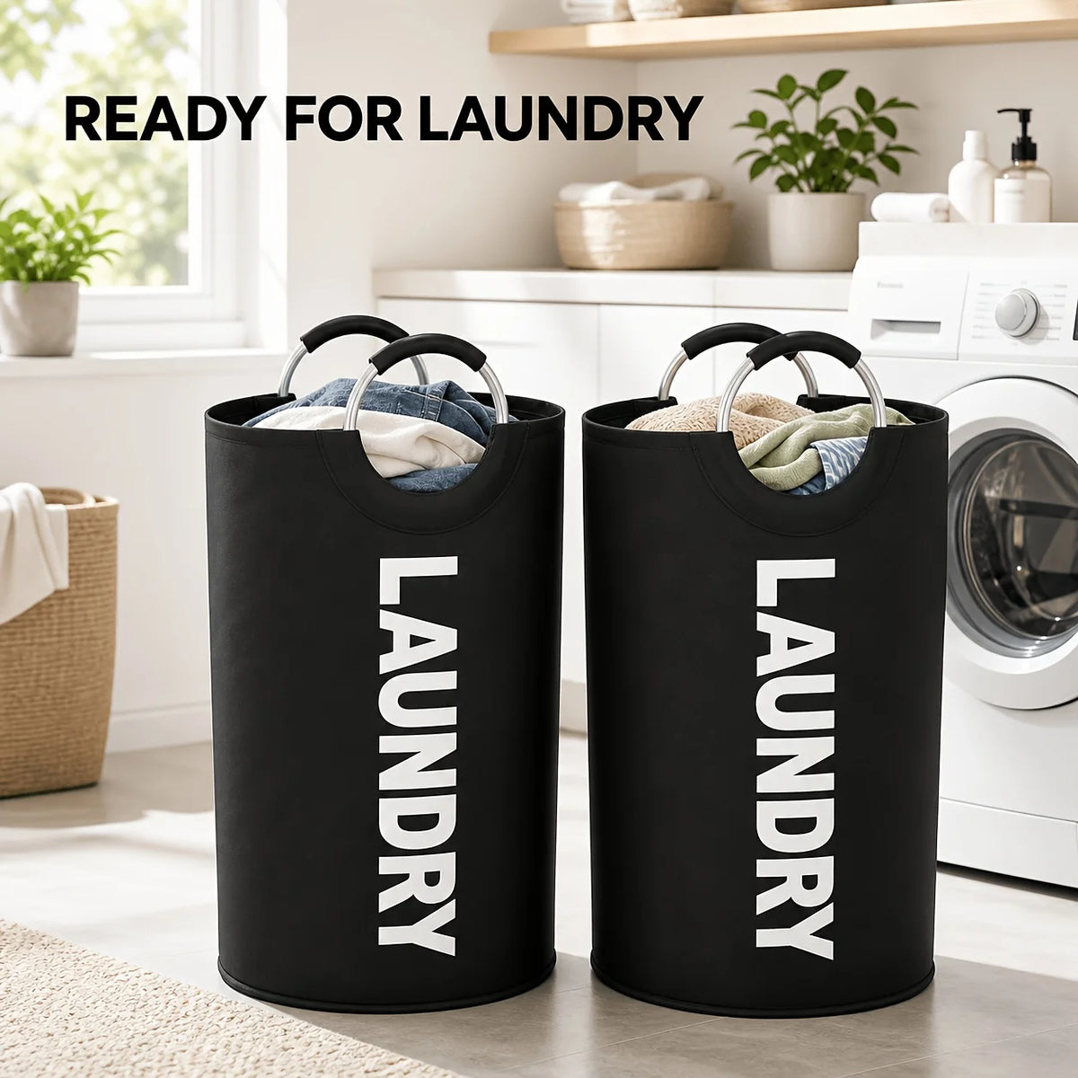 Two black laundry hampers with white text Laundry placed on a kitchen counter.