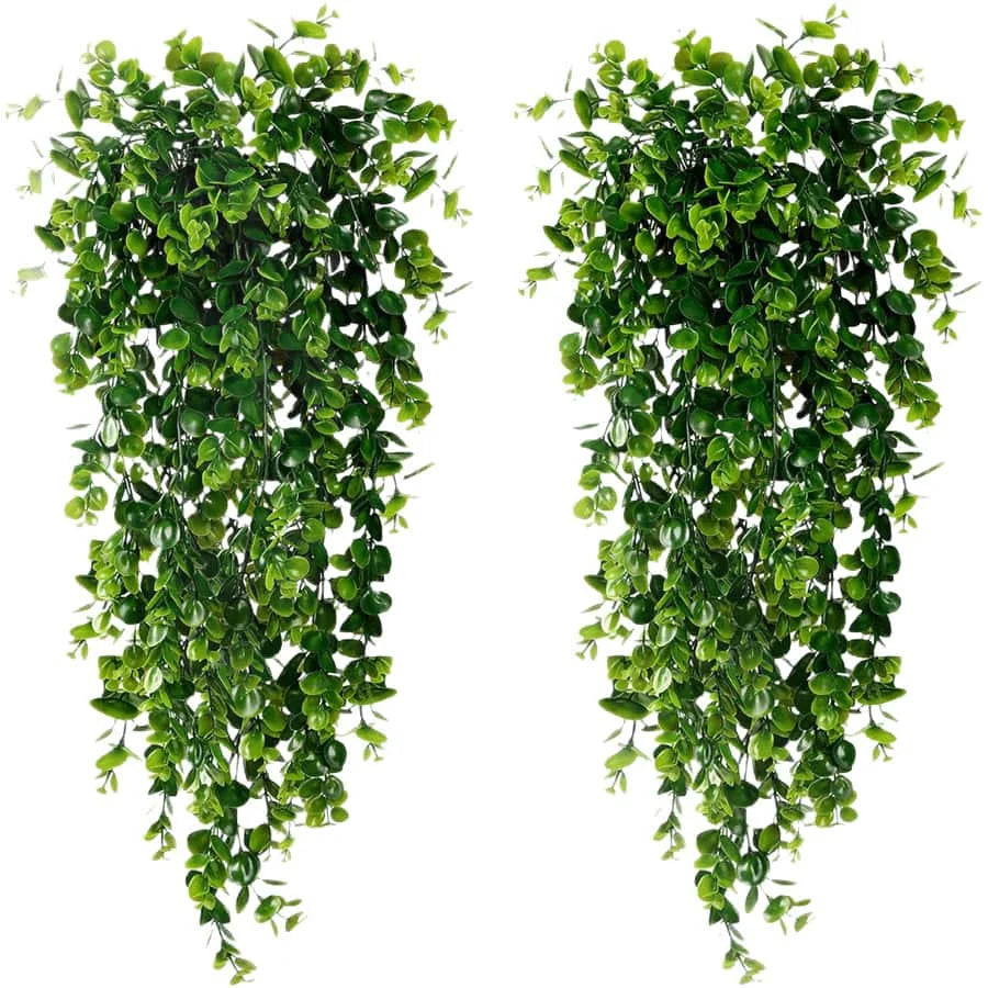 Two strands of artificial green hanging vine greenery for indoor and outdoor decor