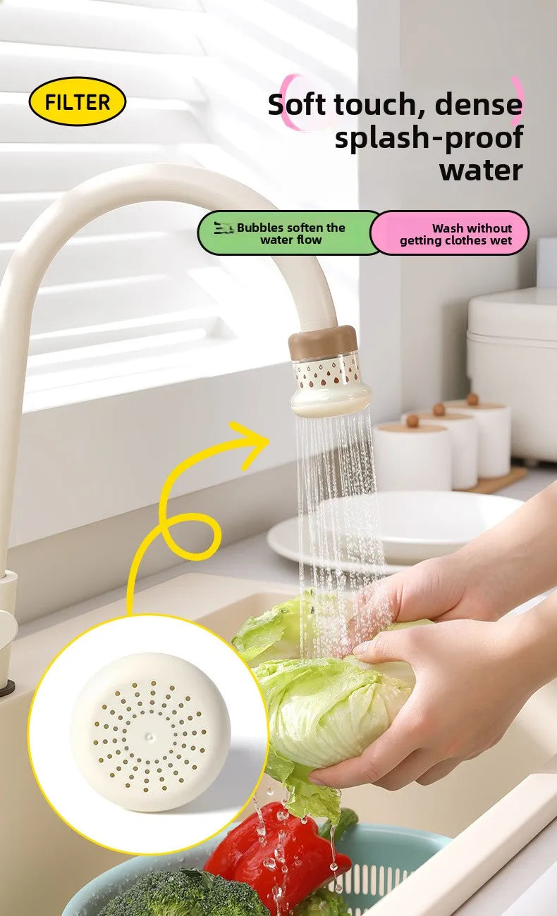 A hand is using a kitchen faucet sprayer with a filter to spray water onto vegetables in a bowl.
