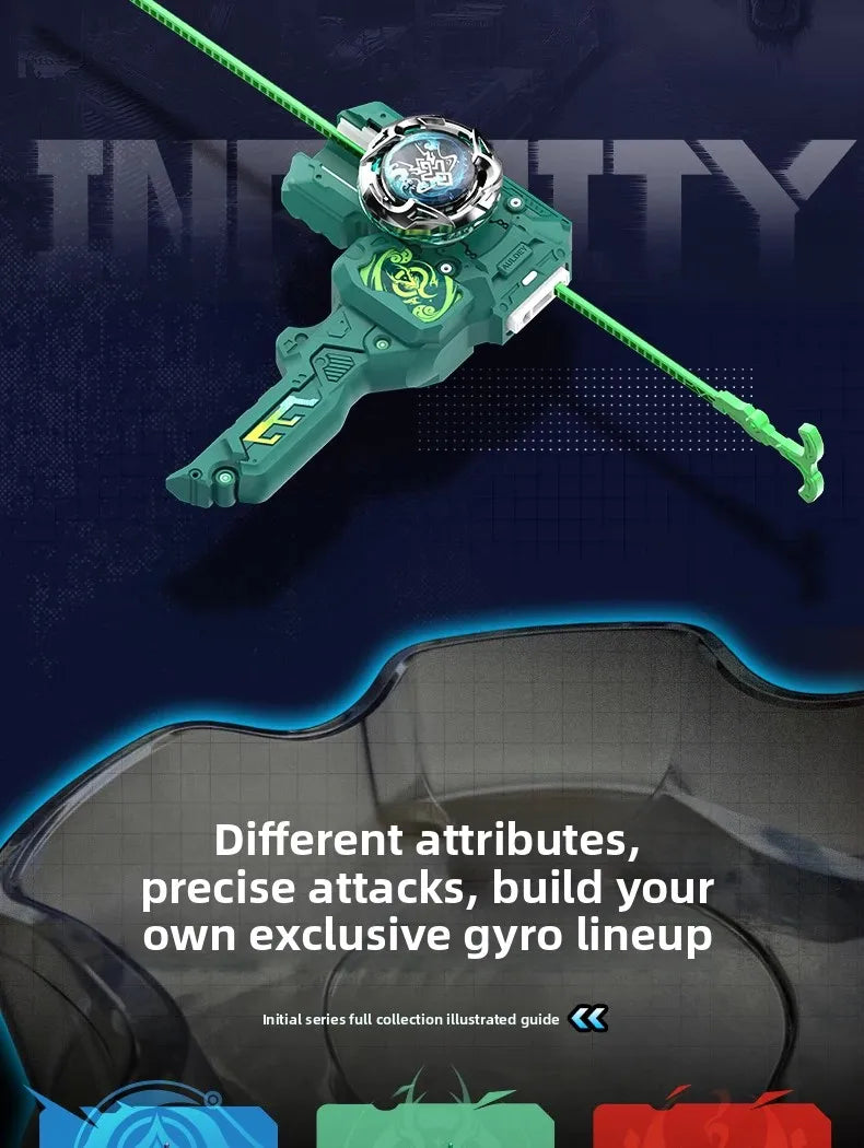 A green Infinity Nado Spin Force Battle Top with launcher is shown against a dark background.