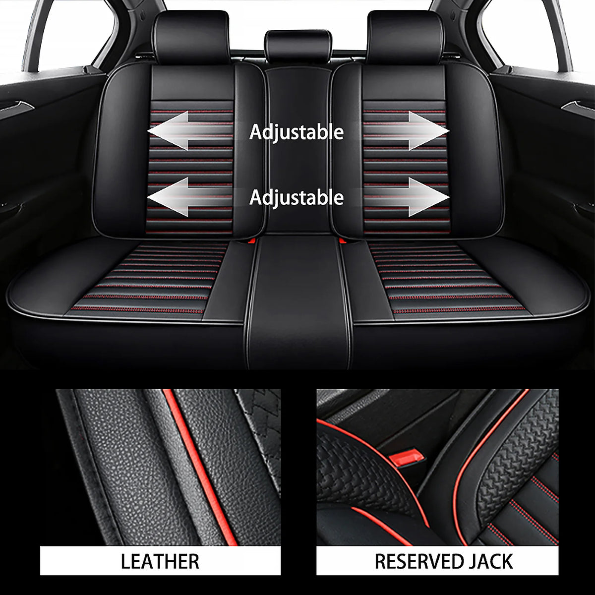 Black car seat covers with adjustable features, showing leather and reserved jack materials.