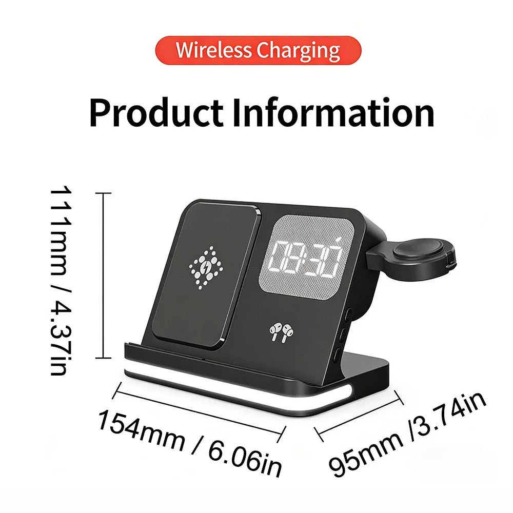 A black wireless charging dock with an alarm clock display and charging pads shown from the side.