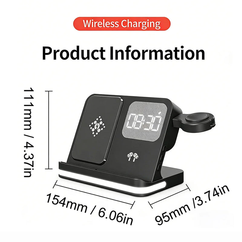 7-in-1-Ladestation mit Wecker für Smartphone, Smartwatch und In-Ear-Kopfhörer