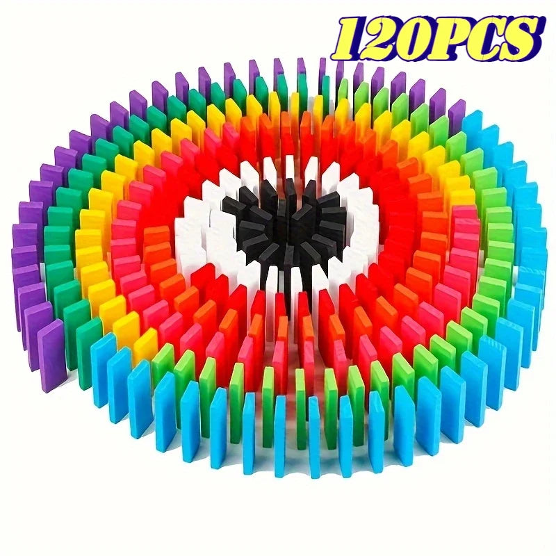 A circular arrangement of 120 multicolor wooden domino building blocks in various colors.