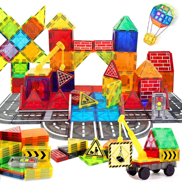 A colorful magnetic building blocks set featuring various geometric shapes and structures.